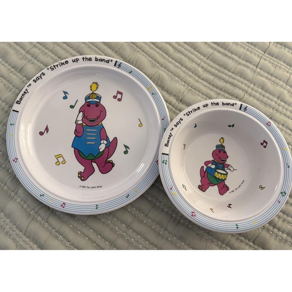 Vintage 1992 Kids Barney Strike Up The Band Plastic Plate And Bowl Set